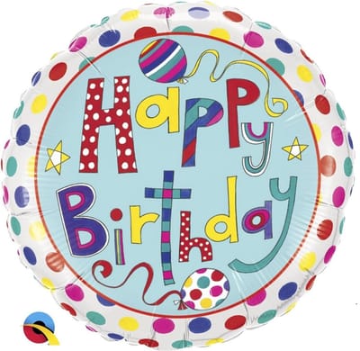 Happy Birthday (gelukkige Verjaardag) folieballon FUNtastic polkadotQualatex, plat formaat van 46 cm, design van Rachel Ellen *op is op .