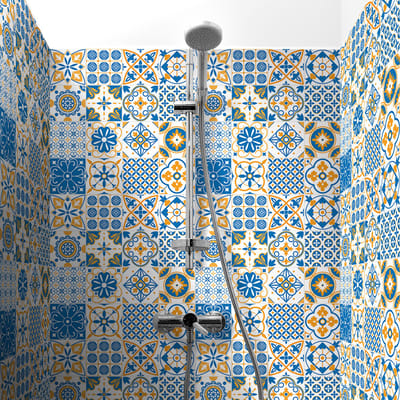 Zelfklevende tegelmuurstickers voor keuken en badkamer - 30 cementtegelstickers, Azulejos Pacome Design - 30 stickers, 20x20cm