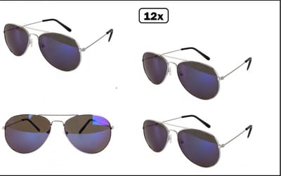 12x Bril luxe spiegelglas blauw glas - Police - Piloot - Race - piloot race politie usa bril carnaval thema feest party stoer macho festival