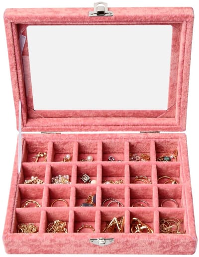 Dailygoody - Sieradenlade - Oorbellen Organizer - Fluwelen Design - Roze - Compartimenten voor Ringen en Kettingen - Geschikt voor Volwassenen - 24 Ro
