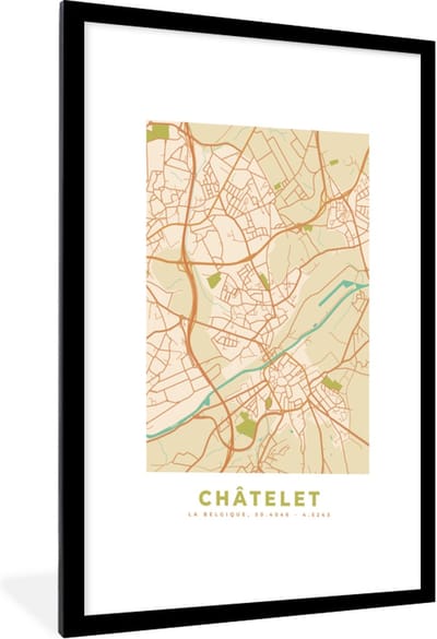 Fotolijst incl. Poster - Kaart - Stadskaart - Châtelet - België - Plattegrond. - 60x90 cm - Posterlijst