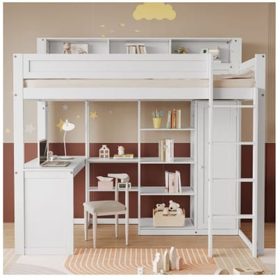 Stapelbed - MUVOE - 90x200cm - Wit - Met tafel en kast - Veilig met hekjes wit