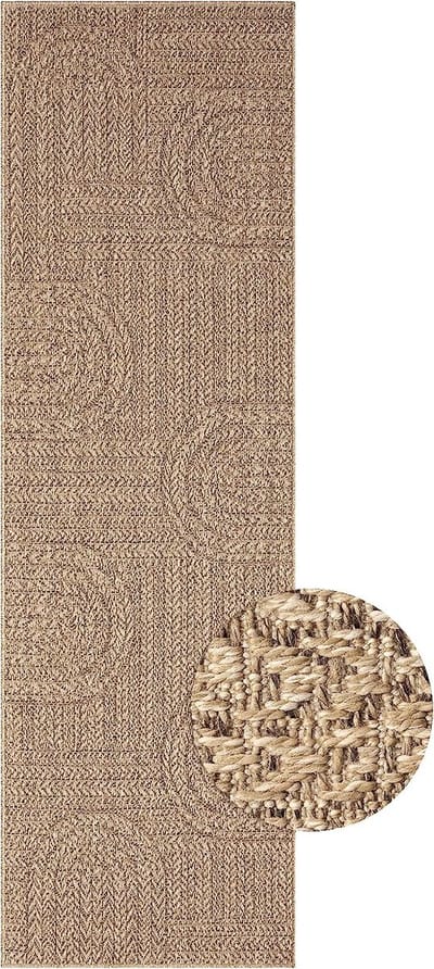the carpet Kansas – In- & Outdoor Vloerkleed in Jute-look met Cirkelmotief – Weerbestendig – Naturel – 60 x 180 cm