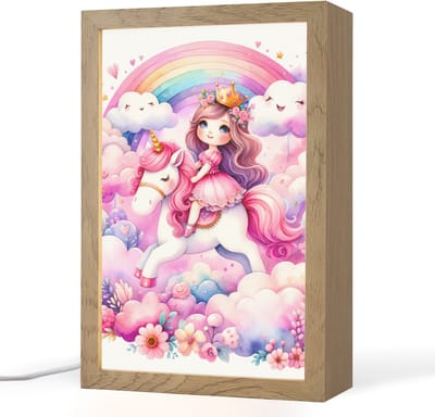 Nachtlampje 20x30 cm - Kinder lampje - Eenhoorn - Prinses - Unicorn - Roze - Regenboog - Tafellamp kinderkamer - Slaapkamer lamp - Bedlamp kinderen - Kinderlampje stopcontact - Wandlamp babykamer - Nachtlampjes