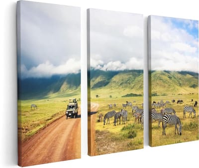 Artaza Canvas Schilderij Drieluik Safari Auto tussen de Zebra's - 120x80 - Foto Op Canvas - Canvas Print