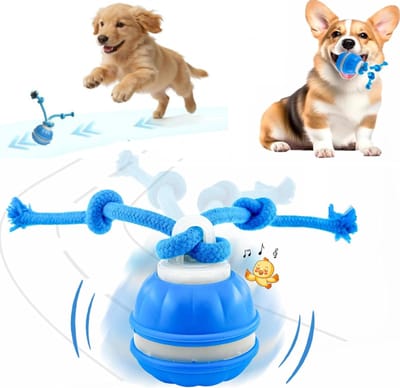 ZVD Interactief hondenspeelgoed – Interactieve stuiterbal – Automatisch rollend hondenspeelgoed – Met touw en vogelgeluiden – Geschikt voor kleine en middelgrote honden – Blauw