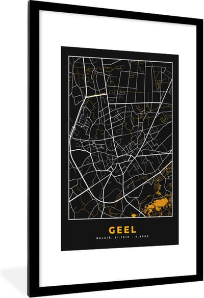 Fotolijst incl. Poster - Geel - Stadskaart - Kaart - Goud - Plattegrond - 80x120 cm - Posterlijst