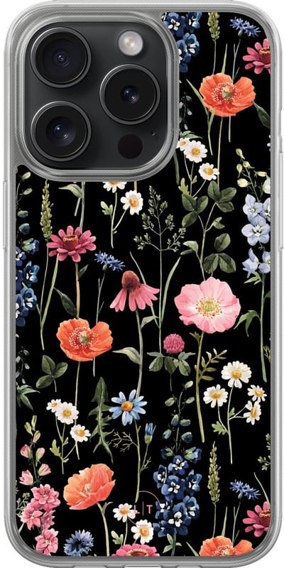 Hoesje geschikt voor iPhone 15 Pro - Dark flowers - 2in1 backcover - Bloemen - Zwart, Multi - Leuke Telefoonhoesjes