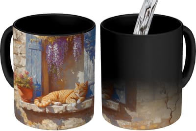 Magische Mok - Foto op Warmte Mokken - Koffiemok - Kat - Stenen vensterbank - Bloemen - Magic Mok - Beker - 350 ML - Theemok