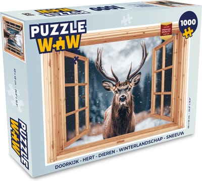 Puzzel Doorkijk - Hert - Dieren - Winterlandschap - Sneeuw - Legpuzzel - Puzzel 1000 stukjes volwassenen