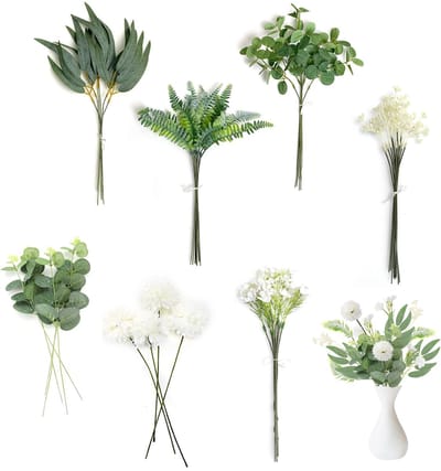 59 stuks kunstmatige takken & bloemen, kunstbloemendecoratie, witte kunstbloemen groene bladeren kunstmatige decoratietakken, kunstmatige eucalyptustakken, eucalyptus hortensia's