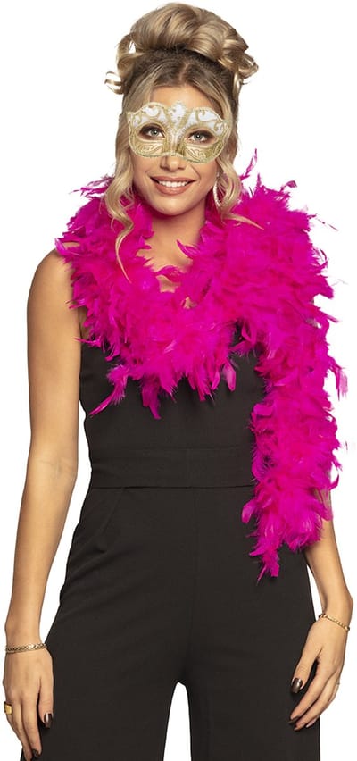 Boland Venetiaans oogmasker in het goud - Met dikke veren Boa in het fuchsia roze - 180 cm - Dames - Carnaval - Twenties - Barok - Middeleeuwen