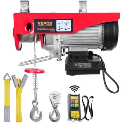 VEVOR 230V elektrische lier met een hefhoogte van 400 tot 800 kg, een kabeltakel van 12 m, een motor van 1450 W en een hefsnelheid van 10 m/min. De lier is voorzien van een draadloze afstandsbediening en een kabeltakel met ketting.
