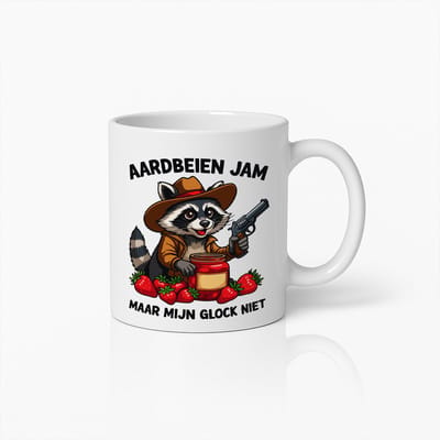 Grappige Koffiemok met Wasbeer, Aardbeien & Glock Grap – Humoristisch Cadeau voor Vrienden & Verzamelaars
