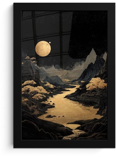 Poster in lijst - Fotolijst 20x30 cm - Posters - Gouden rivier - Bergen - Maan - Sterrenhemel - Posterlijst zwart - Decoratie - Wanddecoratie woonkamer - Muurdecoratie slaapkamer