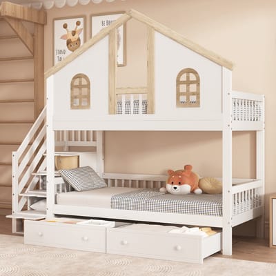 MODFU Kinderstapelbed 90x200 cm – Massief grenen – Trap met 4 opbergvakken – 2 uittrekbare lades – Raam – Wit/naturel