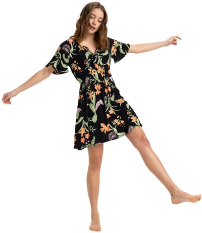 Roxy Tropical Tides Crinkle Korte Mouwen Korte Jurk Zwart XS Vrouw