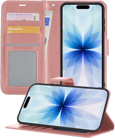Hoesje - Geschikt voor Apple iPhone 17 - Luxe Bookcase - Walletcase Hoes - Portemonnee - Cover - Telefoonhoes - Rosé goud
