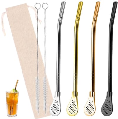 Dailygoods- Rietjes 4 Stuks - Roestvrijstalen Rietjes - Herbruikbare Rietjes - Drinkrietjes - Rietjes met Lepel - Hoogwaardig 304 Roestvrij Staal - Drinkrietje