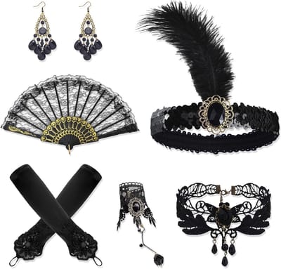 Vintage 20s Accessoires Set voor Dames met Veer Tiara, Armband, Handschoenen, Oorbellen en Halsketting voor Feestelijke Kostuums