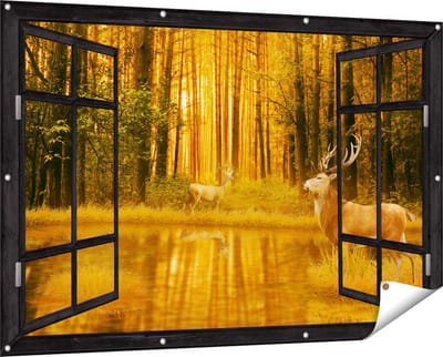Gards Tuinposter Doorkijk Twee Herten in het Bos bij het Water - 150x100 cm - Tuindoek - Tuindecoratie - Wanddecoratie buiten - Tuinschilderij