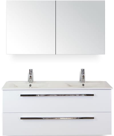 Seville Badmeubelset 120 cm - 2 Laden Wit Hoogglans - Wastafel Enjoy Dubbel met Spiegelkast