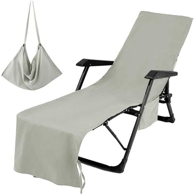 Housse de serviette de chaise longue, housse de chaise de plage en fibre ultrafine avec poches, serviettes de plage Extra longues gris