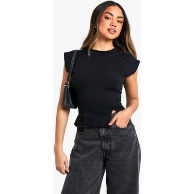 boohoo Dames Jersey Top met Capmouwen en Gespleten Zoom | Black | Maat: 16