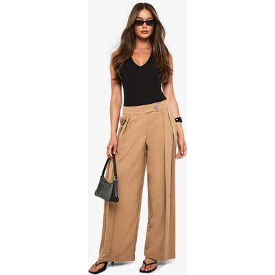 boohoo Dames Geweven geplooide wijde pijpen broek | Camel | Maat: 6