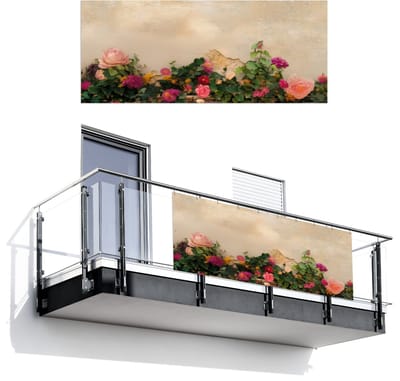 Balkonscherm 300x120 cm - Balkonposter Rozen - Muur - Vintage - Balkon scherm decoratie - Balkonschermen - Balkondoek zonnescherm