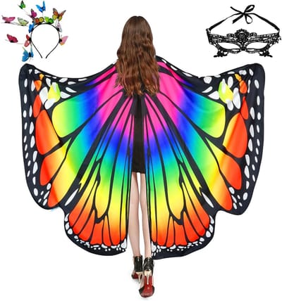 Vrouwelijk Vlinder Kostuum met Hoofdband, Gezichtsbedekking en Vleugels voor Carnaval en Cosplay Feestjes, Inclusief Strass Kraag en Cape