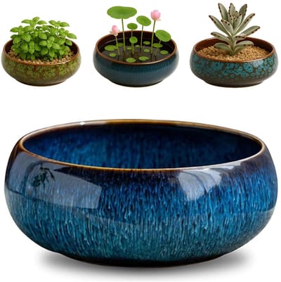 Dailygoods- Bloemenkom Hoogwaardig Geglazuurd Keramiek - Ondiep/Breed Ontwerp - Decoratieve Plantenkom - Geschikt voor Binnen/Buiten - Ideaal voor Waterplanten - Plantenbak