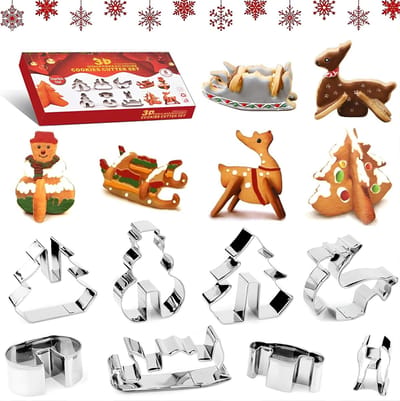8 stuks uitsteekvormen voor kerstkoekjes, 3D, uitsteekvormen voor kerstkoekjes, uitsteekvormen van roestvrij staal, kerstkoekjessnijders voor cake, gebak, decoratie