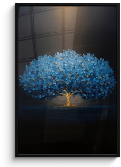 Poster in lijst - Fotolijst 80x120 cm - Posters - Boom - Blauw - Bladeren - Penseelstreken - Posterlijst zwart - Decoratie - Wanddecoratie woonkamer - Muurdecoratie slaapkamer