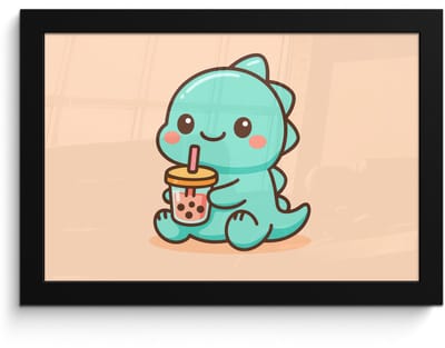 Poster in lijst - Fotolijst 30x20 cm - Posters - Dino - Boba - kawaii - Oranje - Posterlijst zwart - Decoratie - Wanddecoratie woonkamer - Muurdecoratie slaapkamer