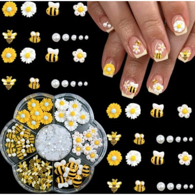 1 Boîte Charms pour Ongles Dessin Animé 3D Pot de Miel Jaune Petite Abeille Perle Blanche de Simulation Petites Fleurs de Marguerite Pour Accessoires Nail Art Fournitures pour Ongles DIY white
