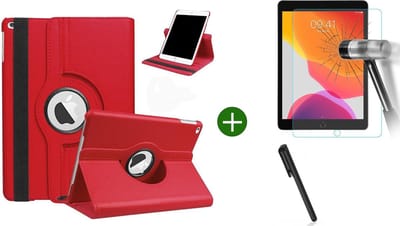 Hoes geschikt voor iPad 2021/2020/2019 (10.2 inch) draaibaar + screenprotector - tempered glass + stylus pen - Rood