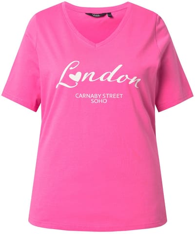 Ulla Popken - Dames - T-shirt City-tekst Slim V-hals korte mouwen - Roze - Maat 58+