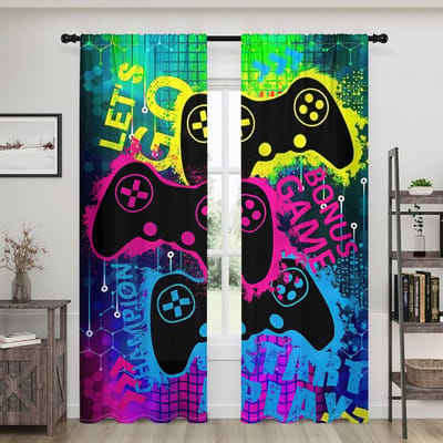 2 stuks, gordijnen met gamecontroller-motief - heldere neontekst - 30% verduisterend - geschikt voor woonkamer, slaapkamer, keuken, huisdecoratie W200CM H220CM&Rod pocket