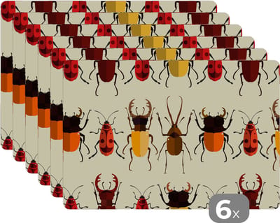 Placemat - Placemats kunststof - Kever - Patronen - Insecten - 45x30 cm - 6 stuks - Hittebestendig - Anti-Slip - Onderlegger - Afneembaar
