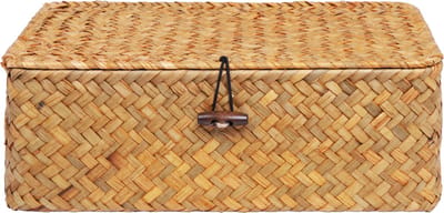 QUVIO Opbergmand - Maat S - Opbergdoos - Opbergbox - Voorraaddoos - Organizer - Sorteerdoos - Met deksel - Met knoop - Rotan - Bruin - 23x12x8,5 cm