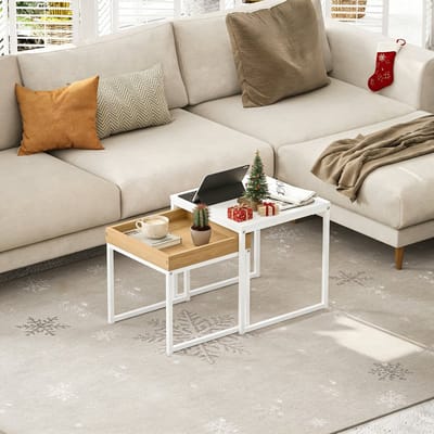 REDOM Salontafel set 45L x 45B x 45H cm en 40L x 40B x 40H cm, wit met eikennerf, melamine MDF en staal, modern
