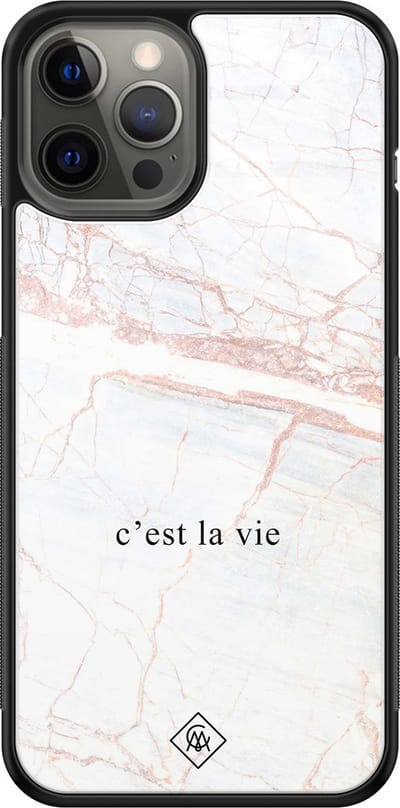 Casimoda® hoesje - Geschikt voor iPhone 12 Pro Max - C'est La Vie - Luxe Hard Case Zwart - Backcover telefoonhoesje - Bruin/beige