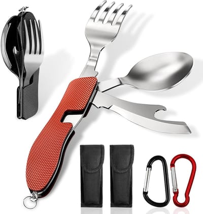 Vouwbare RVS Campingbestek Set van 2 - 4-in-1 Bestek met Mes, Vork en Lepel, Ideaal voor Buitenactiviteiten en Kamperen