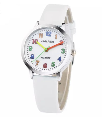 12Getit Meisjes horloge wit met gekleurde cijfers en leer bandje
