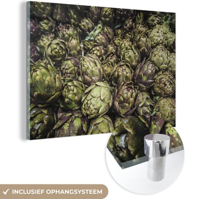 ® Glasschilderij 180x120 cm - Schilderij acrylglas - Een stapel van Italiaans artisjokken - Foto op glas - Muurdecoratie woonkamer - Wanddecoratie slaapkamer - Schilderijen
