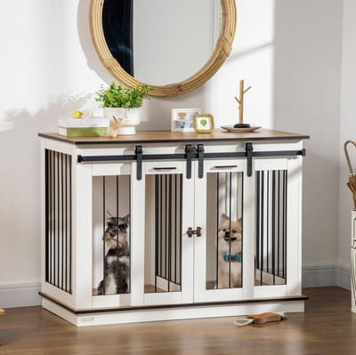 HAUSS SPOLE Hondenbench – 120 X 60 X 88,5 Cm – Met Scheidingswand En Dubbele Deuren – Hout En Metaal – Wit – Voor Middelgrote Honden