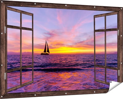 Gards Tuinposter Doorkijk Zeilboot Silhouet bij Zonsondergang - 180x120 cm - Tuindoek - Tuindecoratie - Wanddecoratie buiten - Tuinschilderij