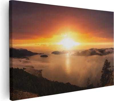 Artaza Canvas Schilderij Zee En Bergen - 30x20 cm - Klein - Wanddecoratie Zonsondergang - Muurdecoratie Natuur - Kamer Accessoires Woonkamer