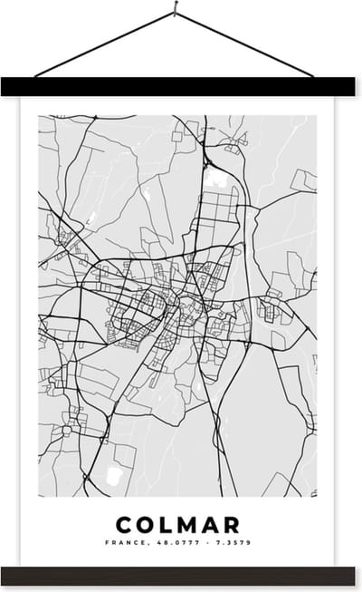 Posterhanger incl. Poster 40x60 cm - Schoolplaat - Frankrijk - Plattegrond - Kaart - Colmar - Stadskaart - Textielposter - Zwarte latten - Stadskaart
